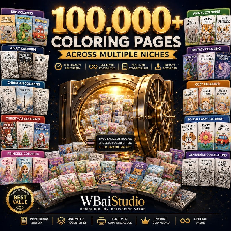 100K+ Coloring Pages Bundle | PLR MRR | Commercial Use | KDP Ready | Kids & Adults | Instant Download