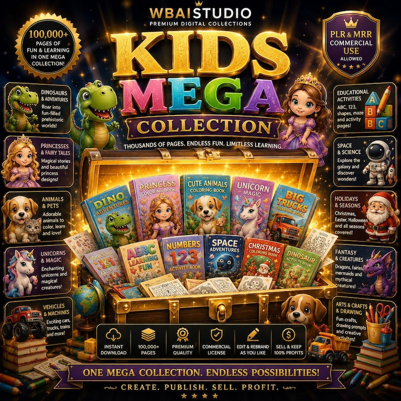 100K+ Coloring Pages Bundle | PLR MRR | Commercial Use | KDP Ready | Kids & Adults | Instant Download