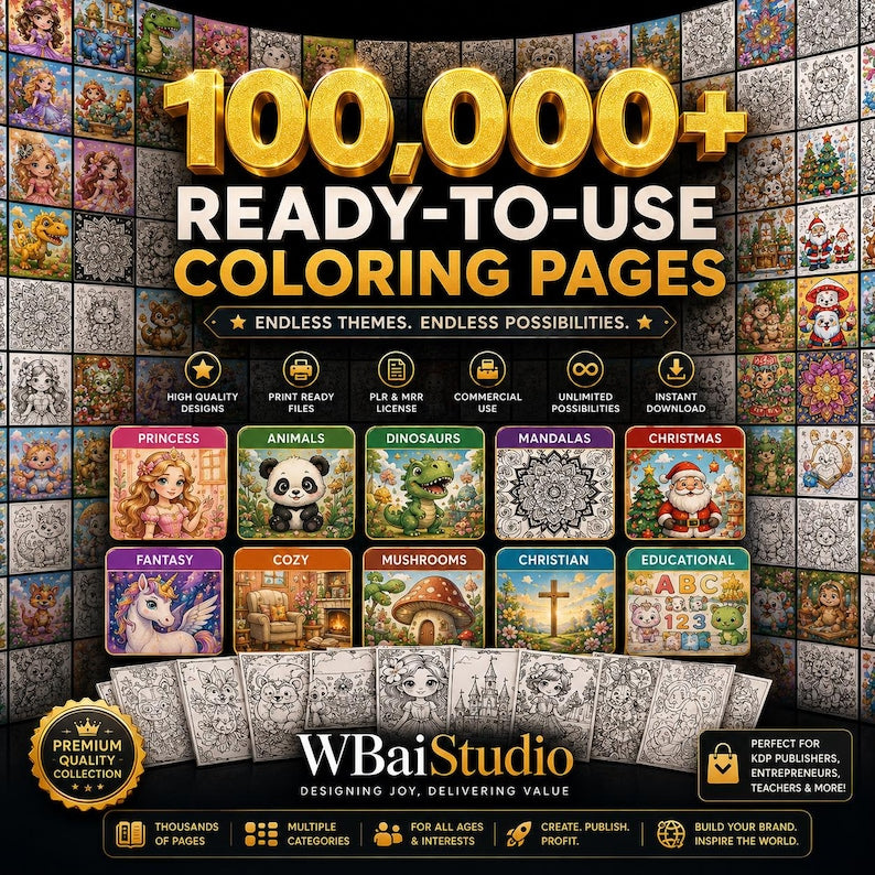 100K+ Coloring Pages Bundle | PLR MRR | Commercial Use | KDP Ready | Kids & Adults | Instant Download