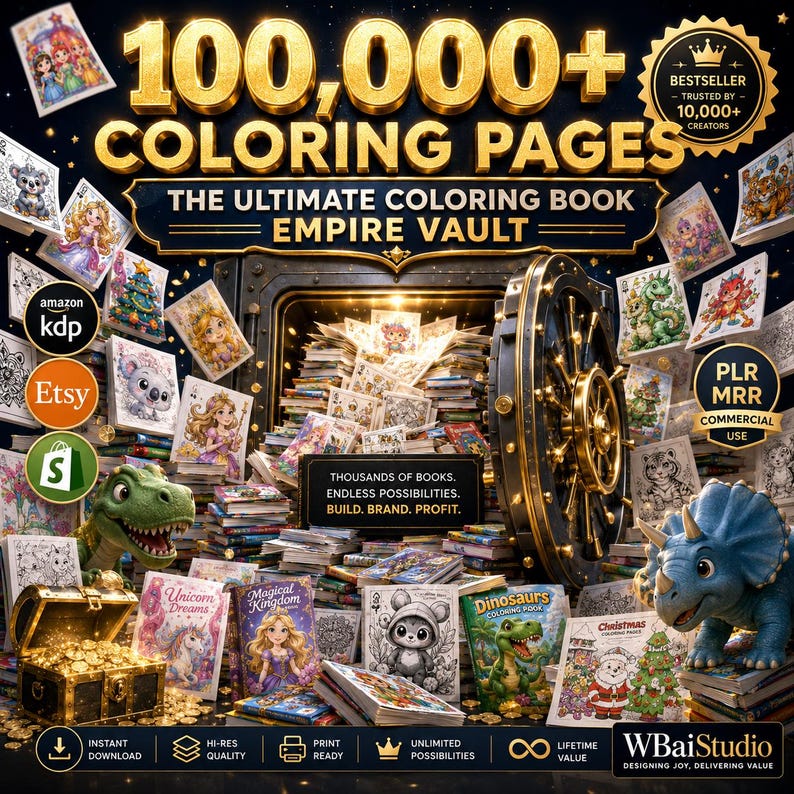 100K+ Coloring Pages Bundle | PLR MRR | Commercial Use | KDP Ready | Kids & Adults | Instant Download